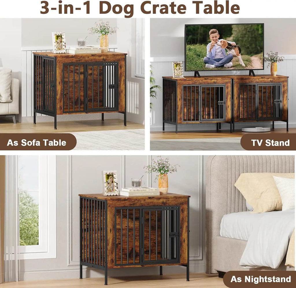 Heavy Duty Dog Crate Furniture for Small to Large Dogs, Indoor Kennel as TV Stand, Brown, Easy Assembly