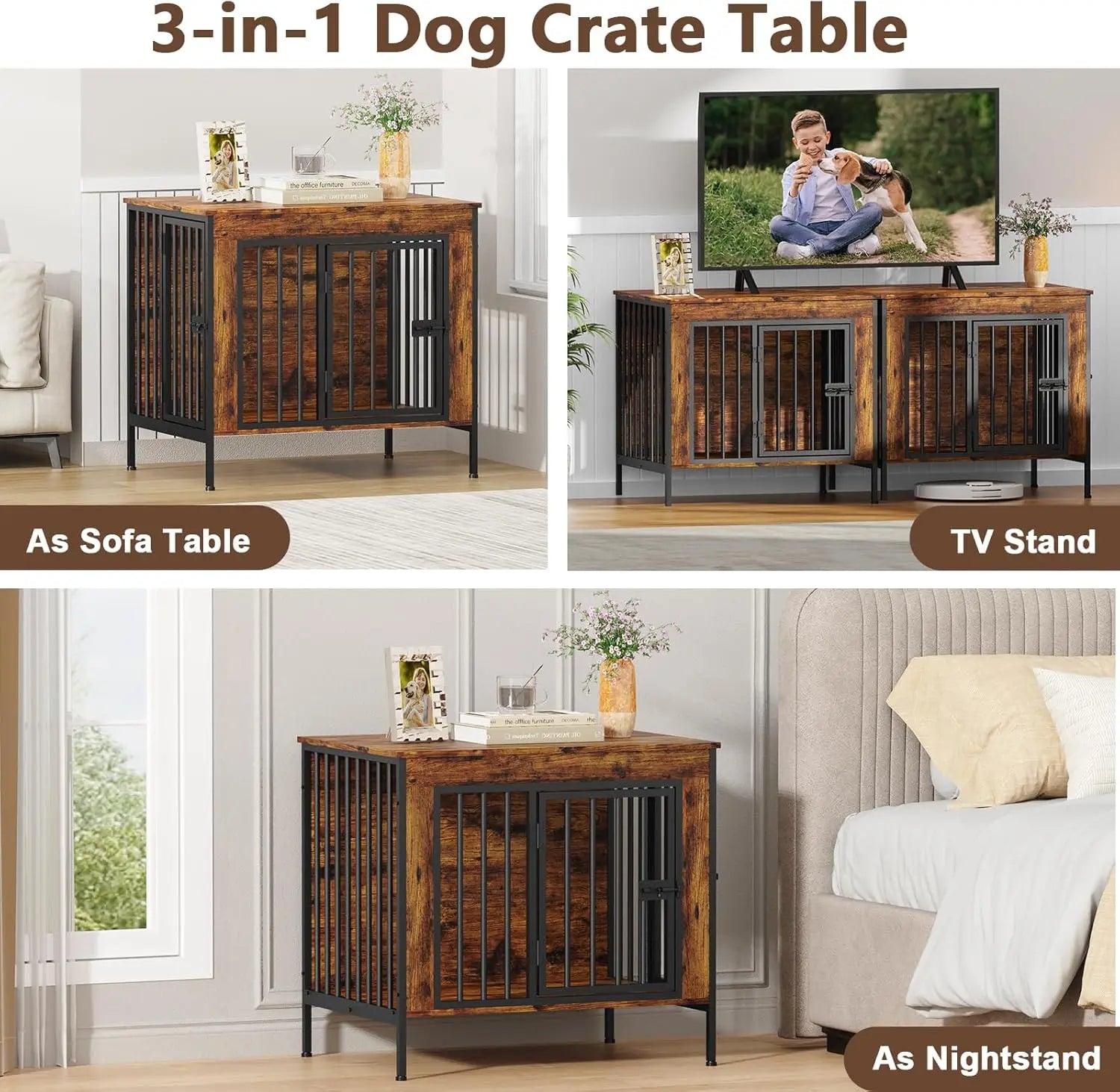 Heavy Duty Dog Crate Furniture for Small to Large Dogs, Indoor Kennel as TV Stand, Brown, Easy Assembly