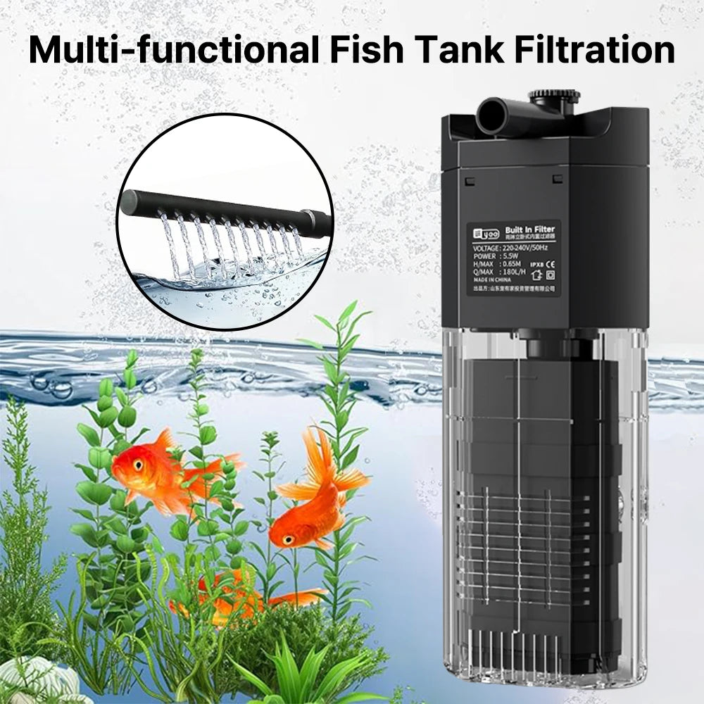 Aquarium Fish Tank Filter 4 in1 Water Purification Circulation Pump Small Built-in Submersible Pump Silent