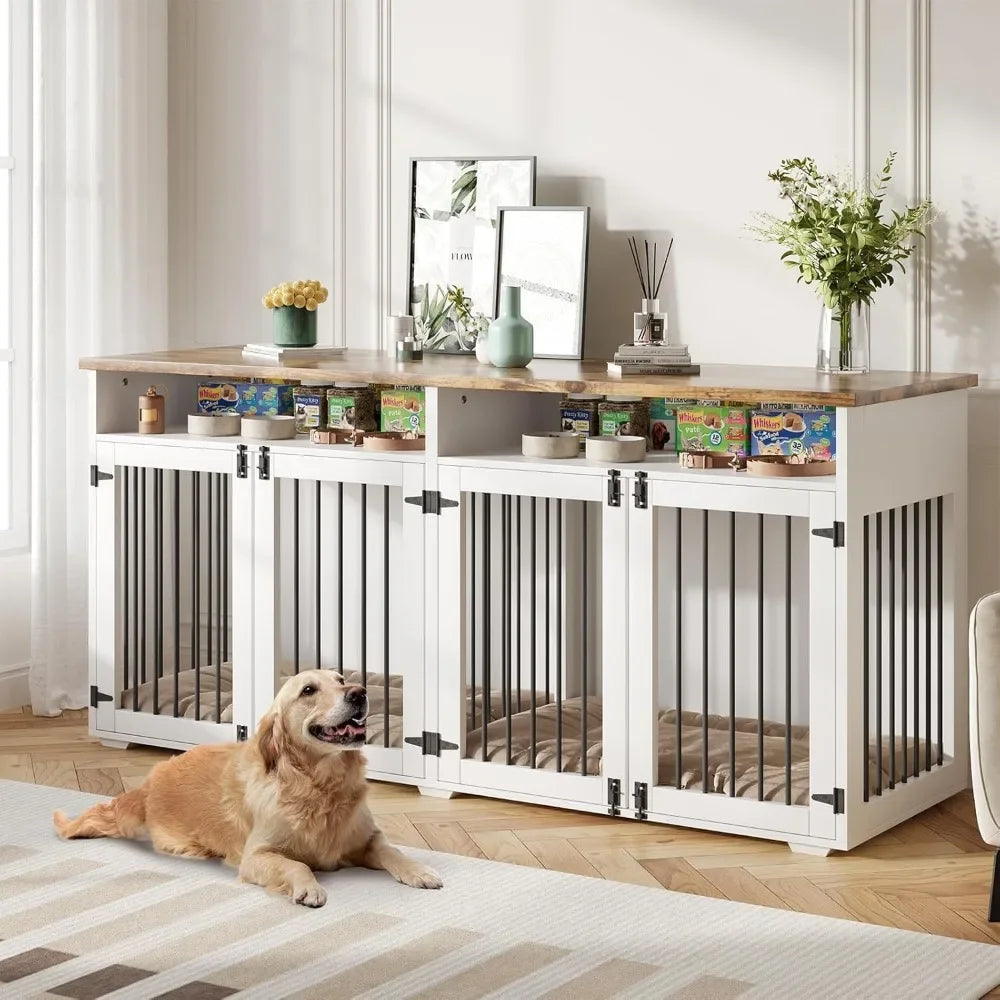 72 Inch Dog Crate Furniture for 2 Dogs Wooden Indoor Kennel with 4 Doors