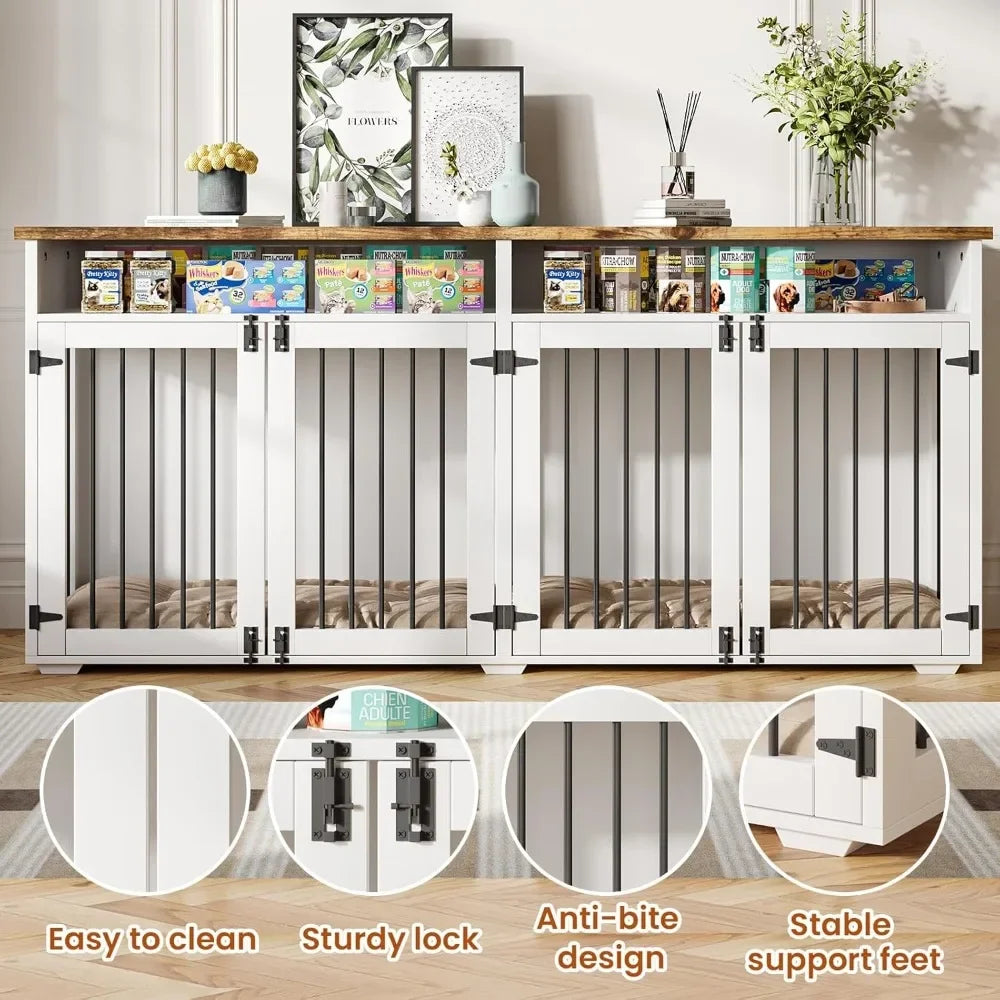 72 Inch Dog Crate Furniture for 2 Dogs Wooden Indoor Kennel with 4 Doors