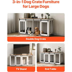Dual Dog Crate Furniture with Sliding Doors, Large TV Stand Style, Removable Tray, Suitable for Small to Large Dogs, White Steel