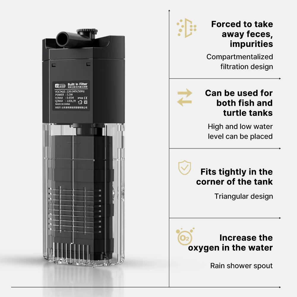 Aquarium Fish Tank Filter 4 in1 Water Purification Circulation Pump Small Built-in Submersible Pump Silent