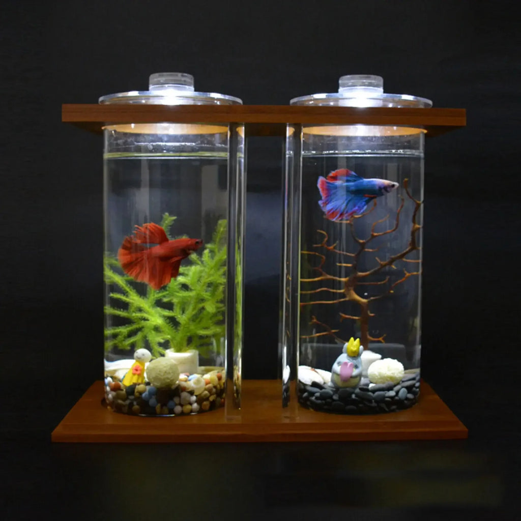 Glass Betta Fish Tank with LED Light Bamboo Base Mini Aquarium