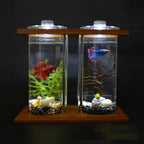 Glass Betta Fish Tank with LED Light Bamboo Base Mini Aquarium