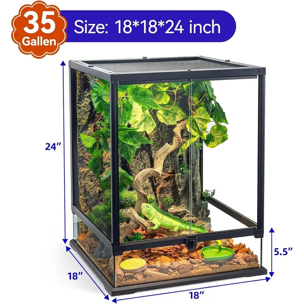 24x18x18 Inch 35 Gallon Glass Terrarium for Bearded Dragons, Chameleons, Geckos - Multi-Pet Enclosure with Front Access, Ventila