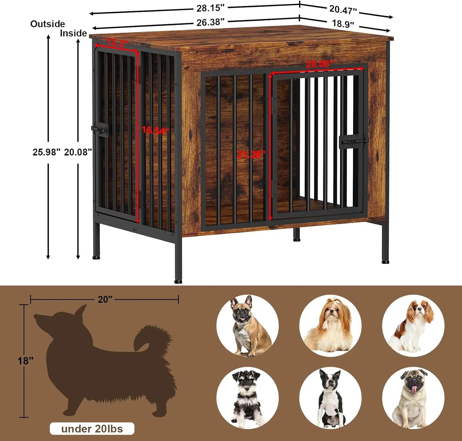 Heavy Duty Dog Crate Furniture for Small to Large Dogs, Indoor Kennel as TV Stand, Brown, Easy Assembly