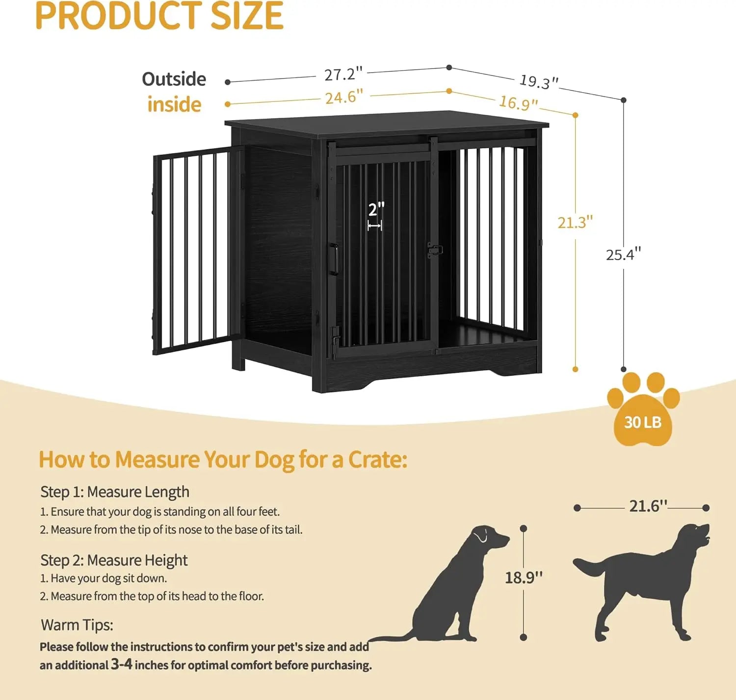 27.2" Wooden Dog Crate Furniture with Barn Door, Heavy Duty Kennel for Small Medium Dogs up to 22 lb, Anti-Chew Anti-Escape