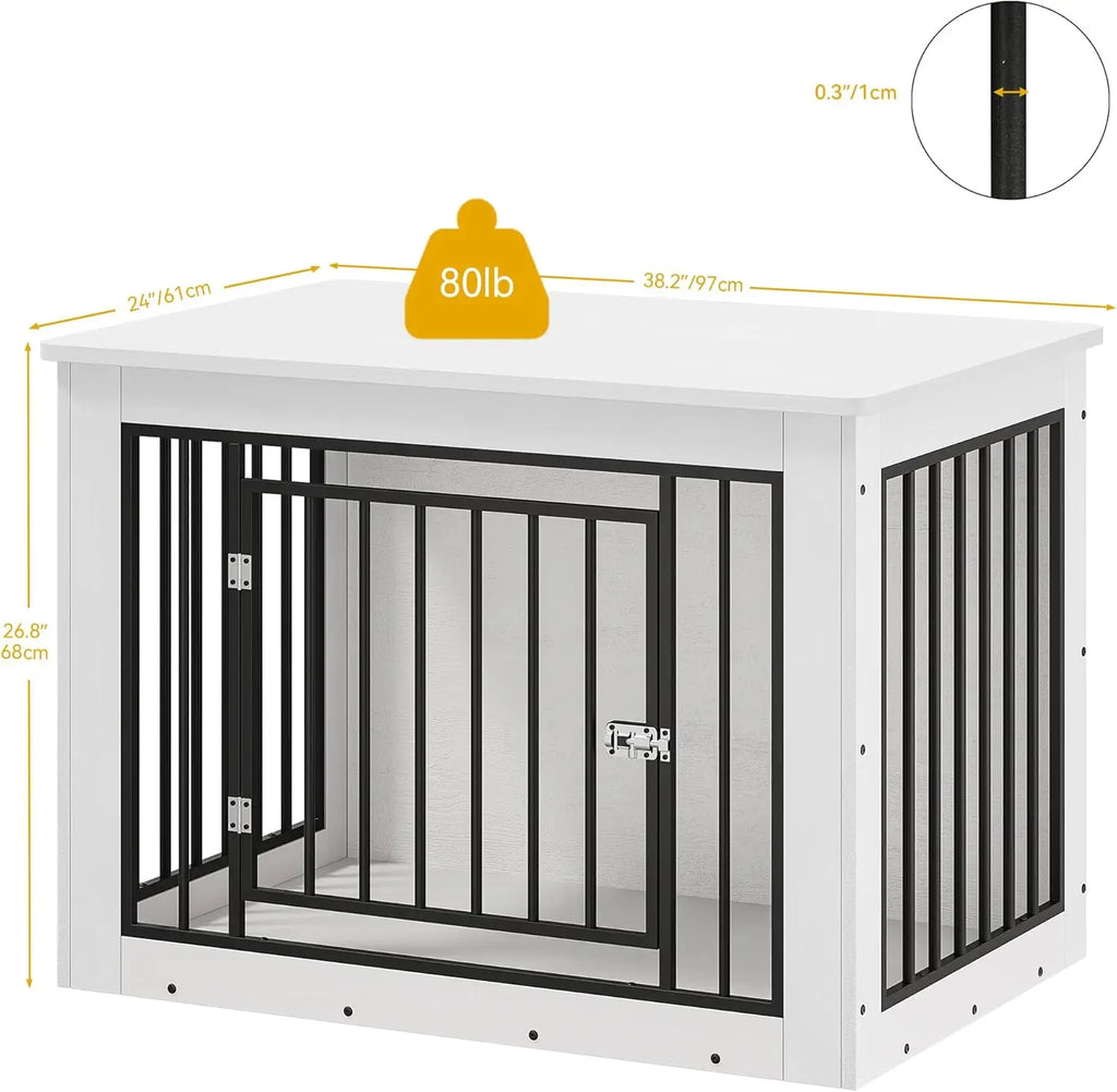38 Inch White Wooden Dog Crate Furniture, Chew-Resistant Indoor Kennel End Table