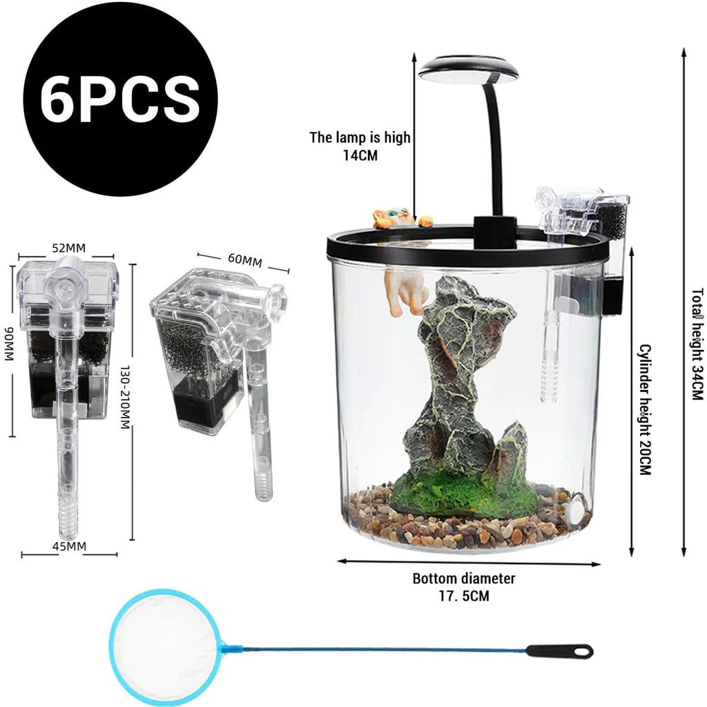 1.5 Gallon Fish Tank Quiet Filter LED Light Oxygen Generator Acrylic HD View