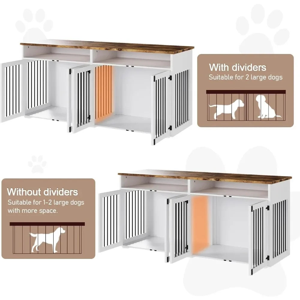 72 Inch Dog Crate Furniture for 2 Dogs Wooden Indoor Kennel with 4 Doors