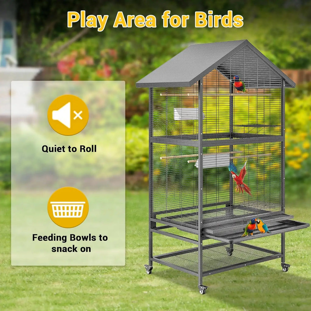 Breeding Cage - Large Aviary with Casters Removable Tray & Feeders Indoor/Outdoor
