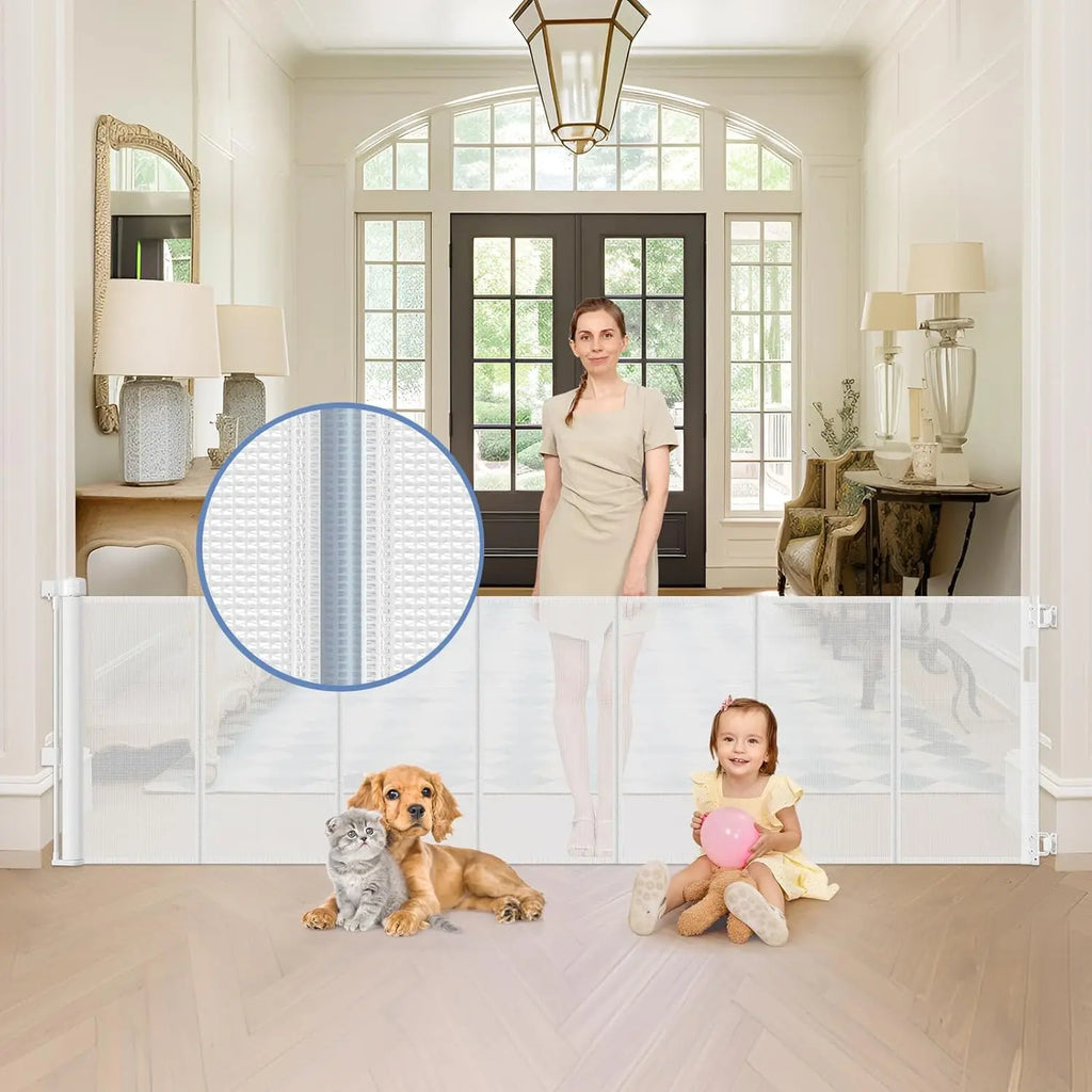 90-Inch Wide Pet Gate with Retractable Reinforced Mesh for Indoor/Outdoor Use, Easy Installation