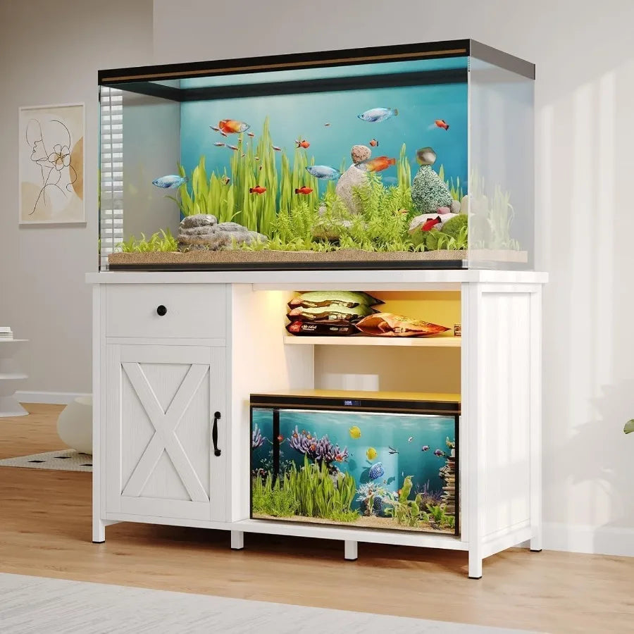55 Gallon Fish Tank Stand with LED Light and Power Includes Drawer and Barn Door Storage
