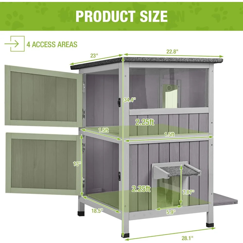 Cat House Indoor Outdoor Waterproof Kitty Shelter for Winter,  2-Story