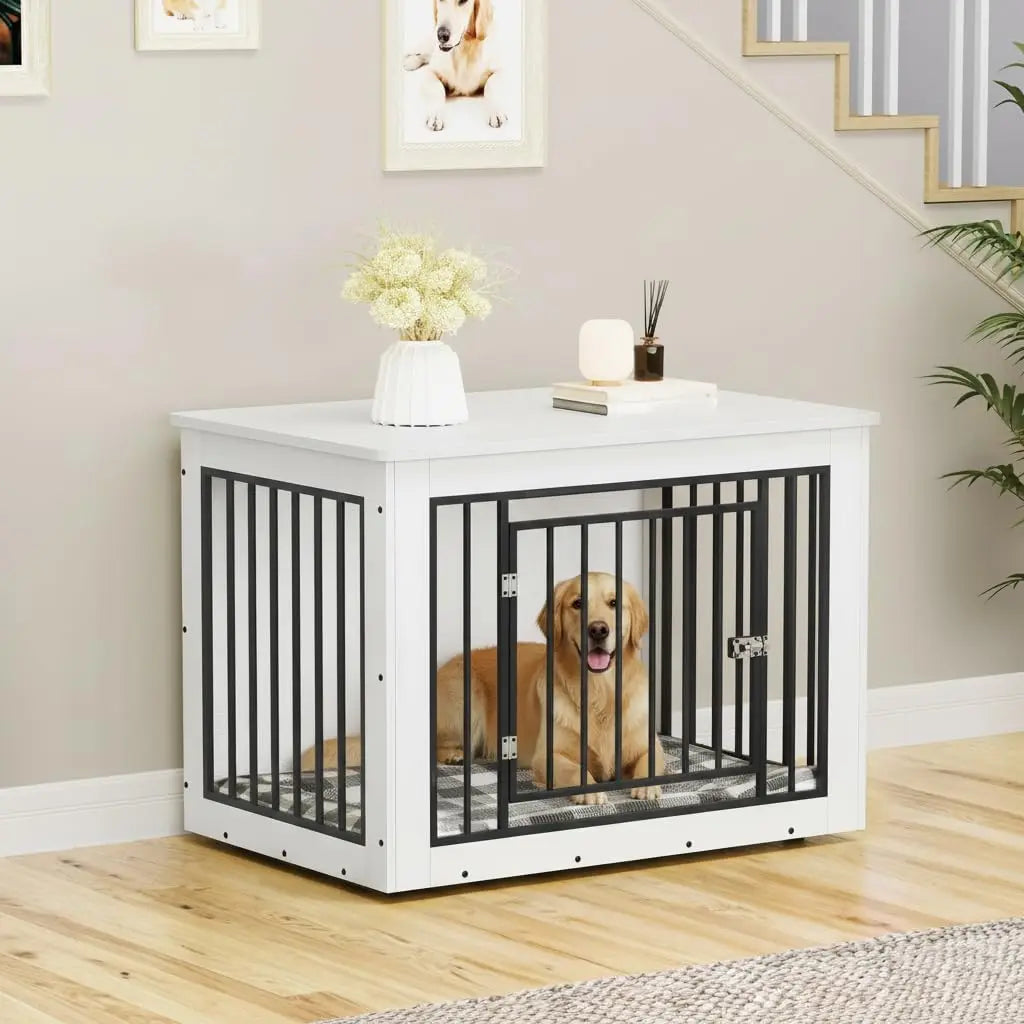 38 Inch White Wooden Dog Crate Furniture, Chew-Resistant Indoor Kennel End Table