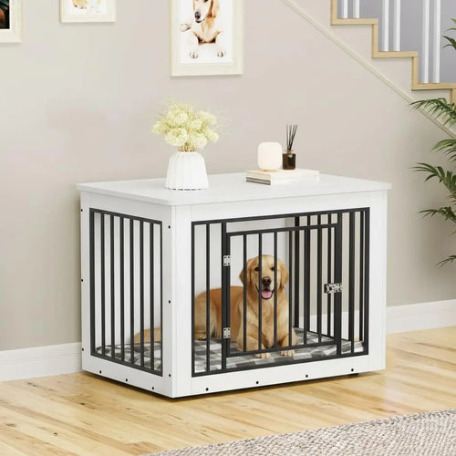 38 Inch White Wooden Dog Crate Furniture, Chew-Resistant Indoor Kennel End Table
