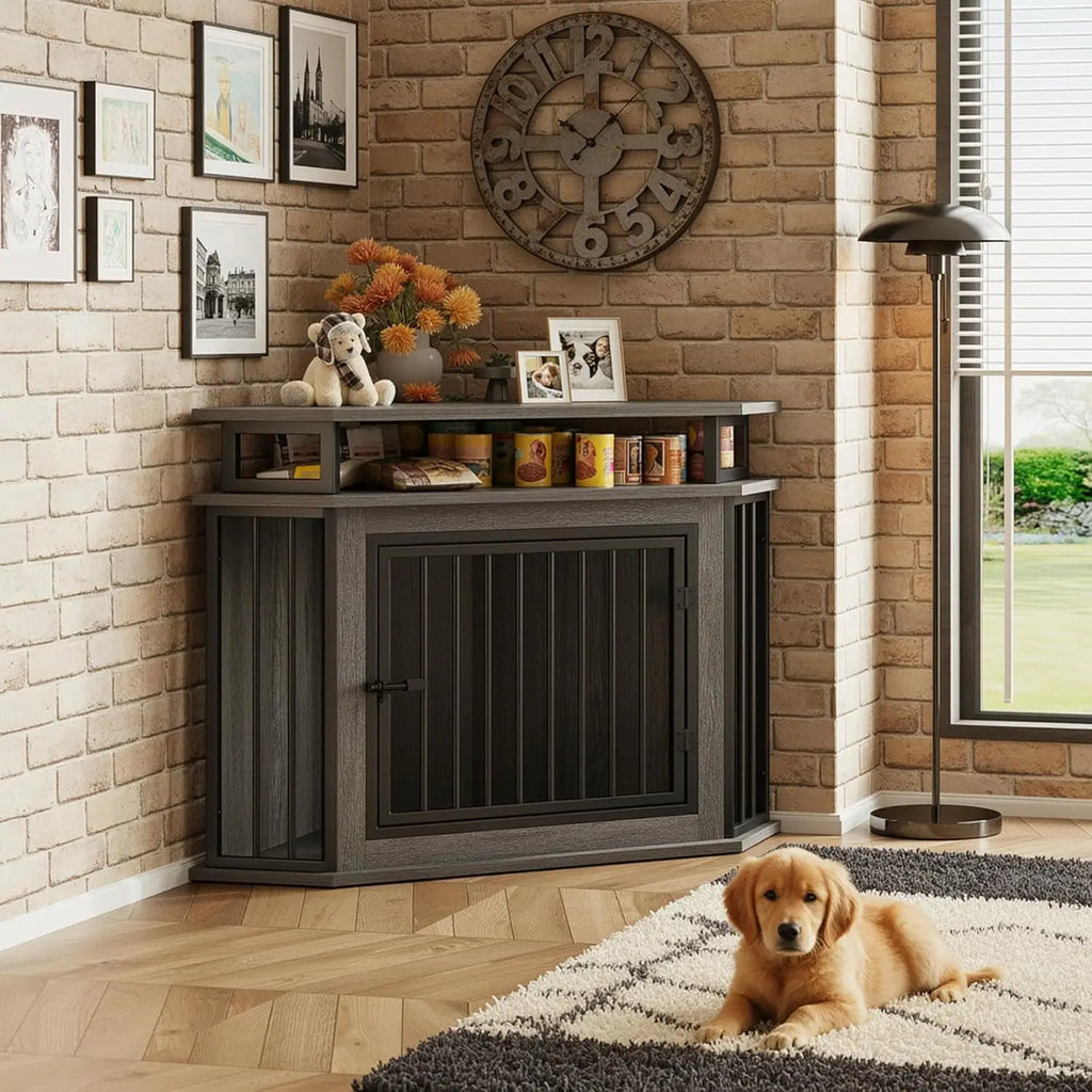 44" Corner Dog Crate with 2-Tier Shelves, Wooden Kennel Furniture for TV Stand, Indoor Pet Enclosure for Small/Medium Dogs