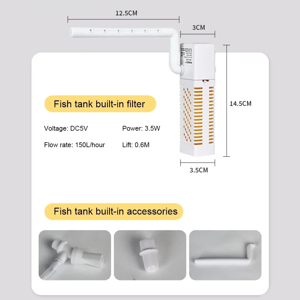 Submersible Aquarium Internal Filter with Built-in Circulating Pump Filters Silent USB Fish Tank Drop