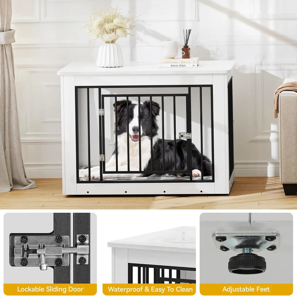 38 Inch White Wooden Dog Crate Furniture, Chew-Resistant Indoor Kennel End Table