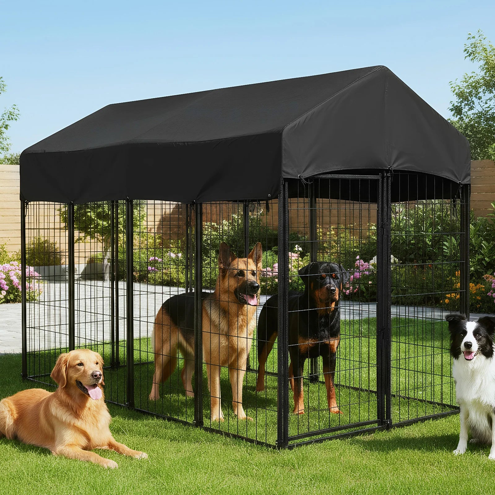 Outdoor Secure Wire Crate Kennel UV-Resistant Heavy Duty Welded Wire Steel Dog Playpen Fence with Door for Small/Medium Dogs