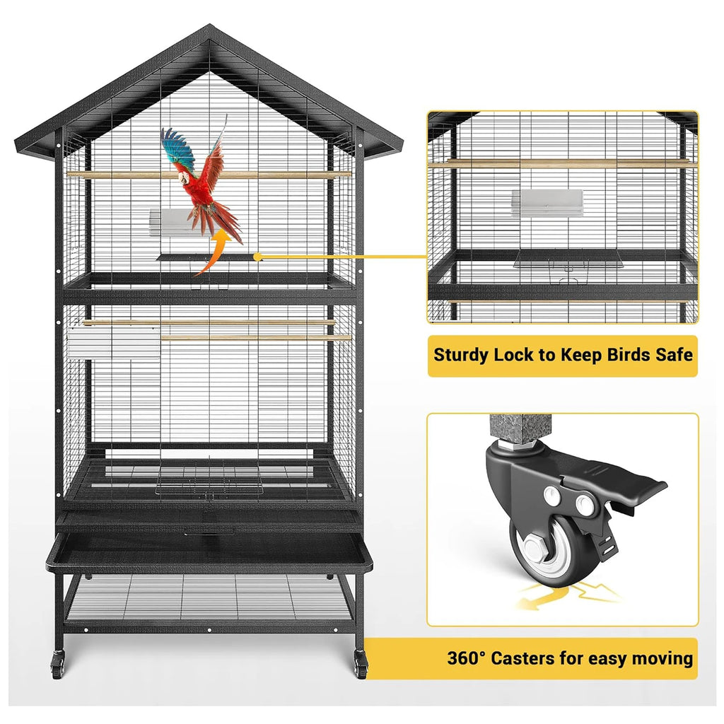 Breeding Cage - Large Aviary with Casters Removable Tray & Feeders Indoor/Outdoor