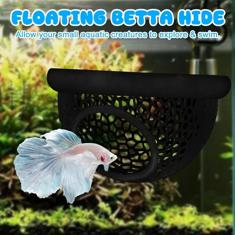 Floating Betta Hide & Shrimp Cave Aquarium Decor 3-in-1 Hammock Feeding Ring