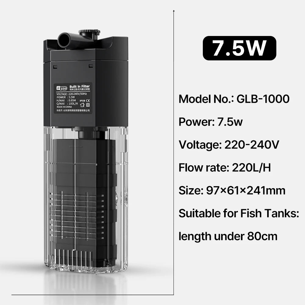 Aquarium Fish Tank Filter 4 in1 Water Purification Circulation Pump Small Built-in Submersible Pump Silent