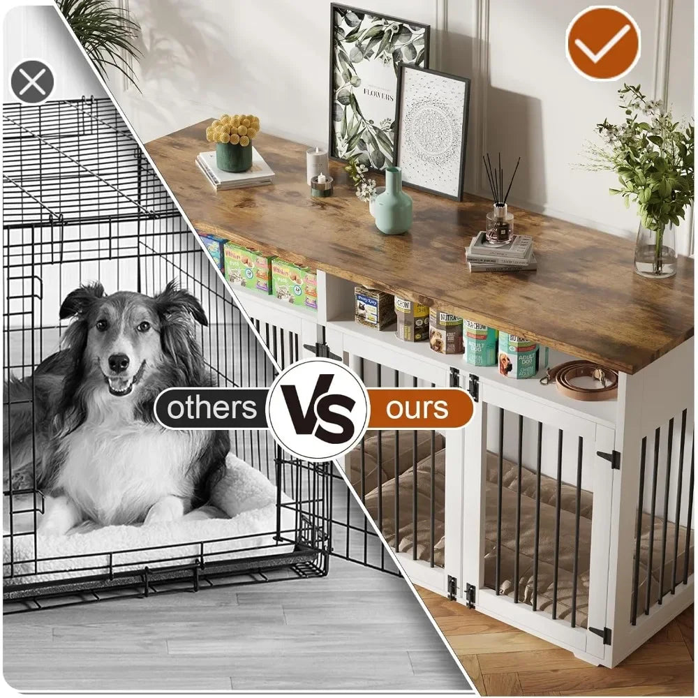 72 Inch Dog Crate Furniture for 2 Dogs Wooden Indoor Kennel with 4 Doors