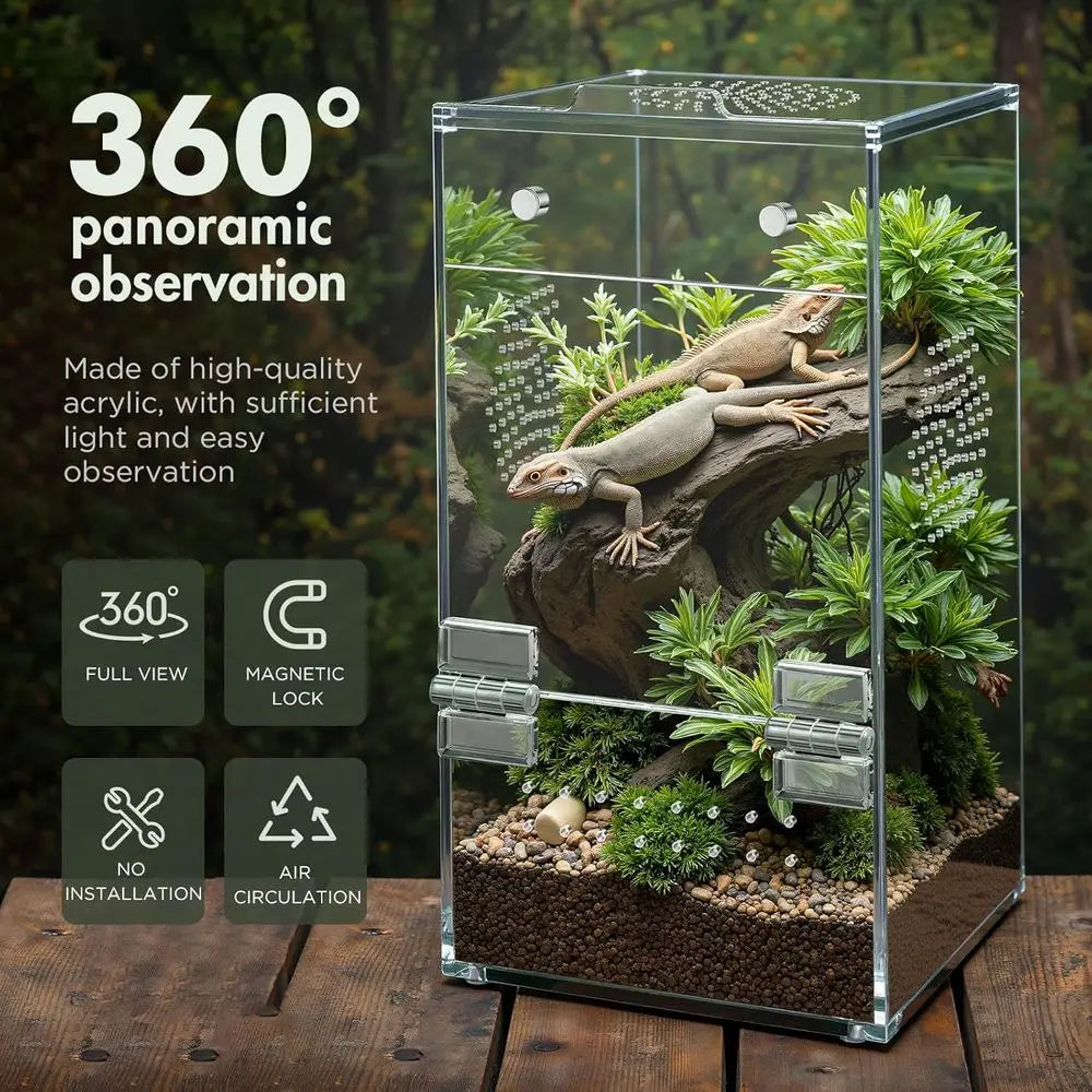 Acrylic Terrarium with Magnetic Door & All-Side Ventilation, Pre-Assembled Reptiles Enclosure