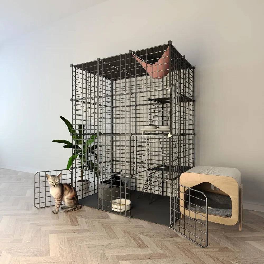 Indoor Cat Cage Enclosure 1-3 Cats Kitten Cage Detachable Patio Cat Crate