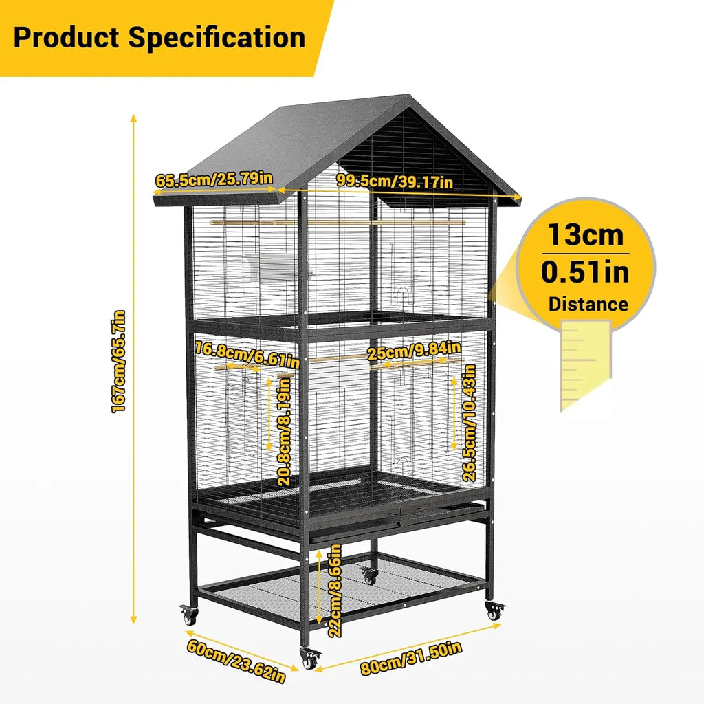 Breeding Cage - Large Aviary with Casters Removable Tray & Feeders Indoor/Outdoor