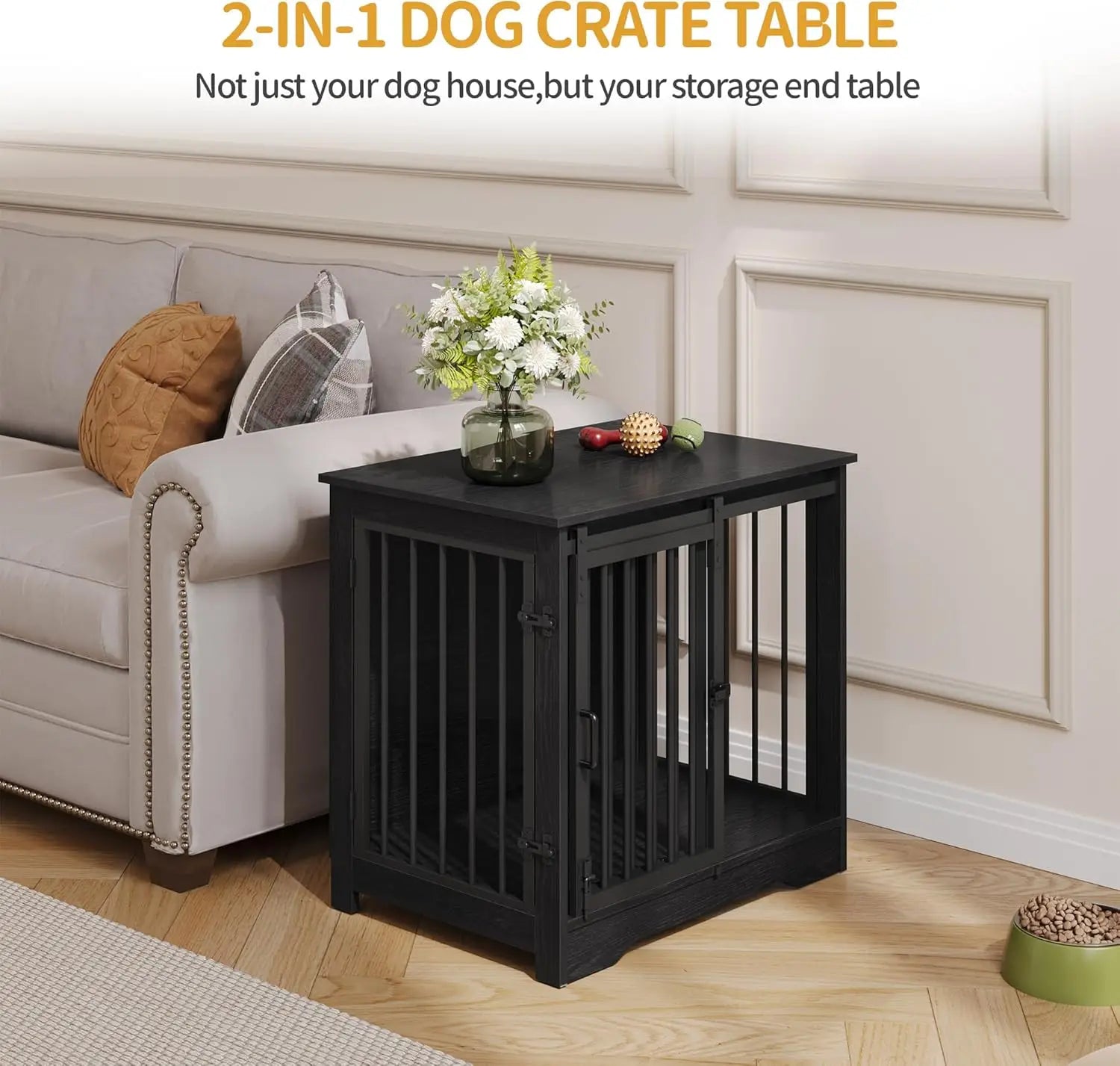27.2" Wooden Dog Crate Furniture with Barn Door, Heavy Duty Kennel for Small Medium Dogs up to 22 lb, Anti-Chew Anti-Escape