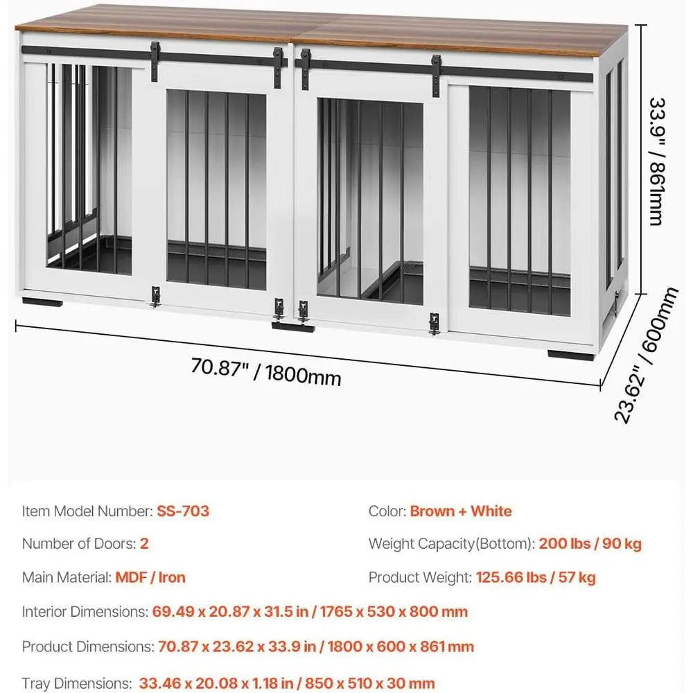 Dual Dog Crate Furniture with Sliding Doors, Large TV Stand Style, Removable Tray, Suitable for Small to Large Dogs, White Steel