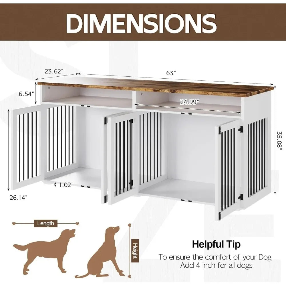 72 Inch Dog Crate Furniture for 2 Dogs Wooden Indoor Kennel with 4 Doors
